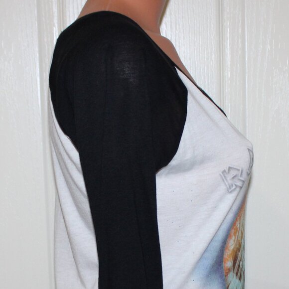 NEW! EXPRESS Sz SMALL Black & White Rock City Rebel Scoop Neck Raglan Tee Top - Picture 9 of 12